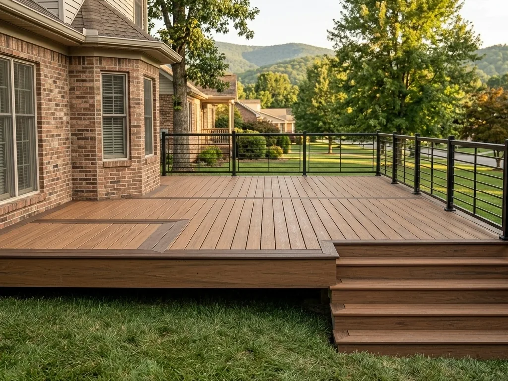 New composite deck with picture-frame border and black aluminum railing after resurfacing