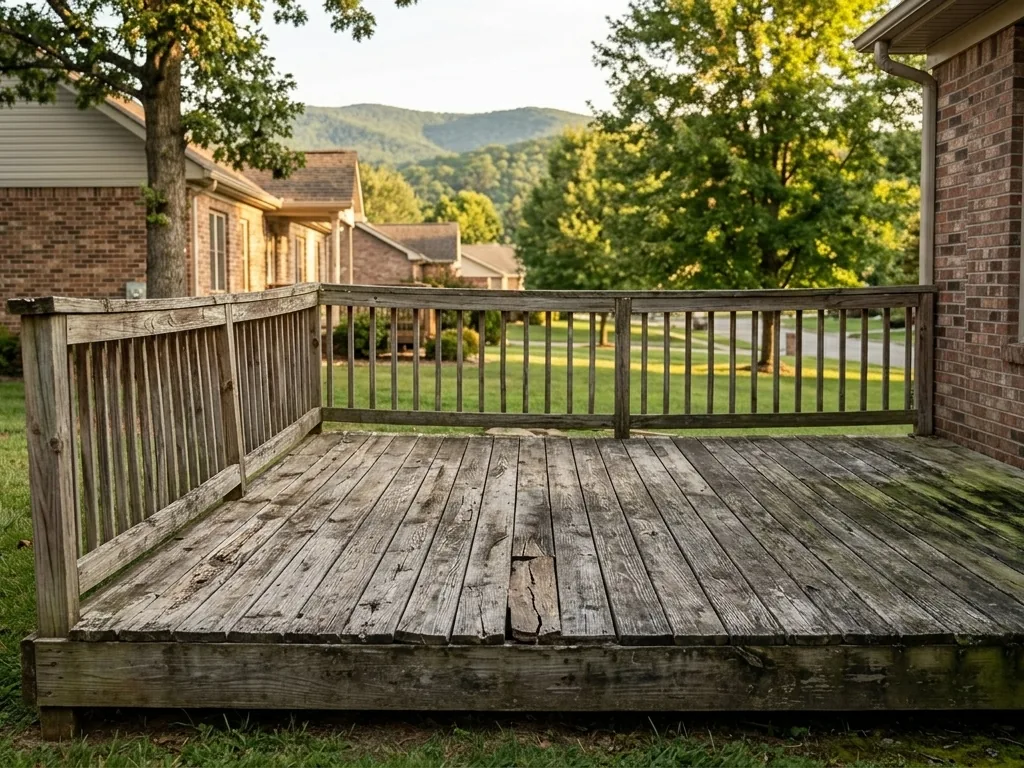 Weathered gray pressure-treated wood deck with a cracked board and mildew before resurfacing
