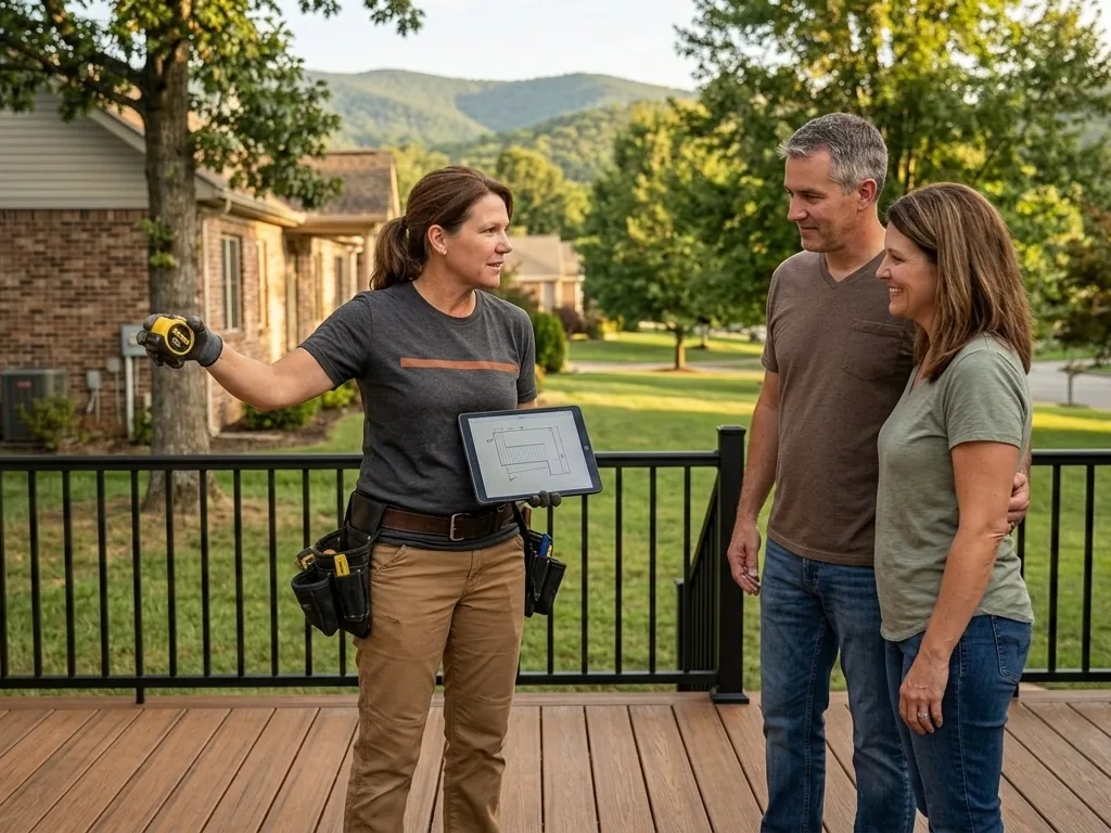 Estimator showing a deck drawing on a tablet to a homeowner couple in their Knoxville backyard