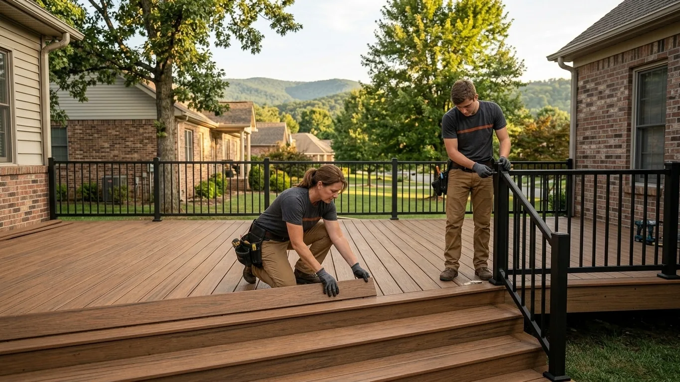 Two-person crew finishing a large composite deck with black aluminum railing behind a brick home in Knoxville, Tennessee