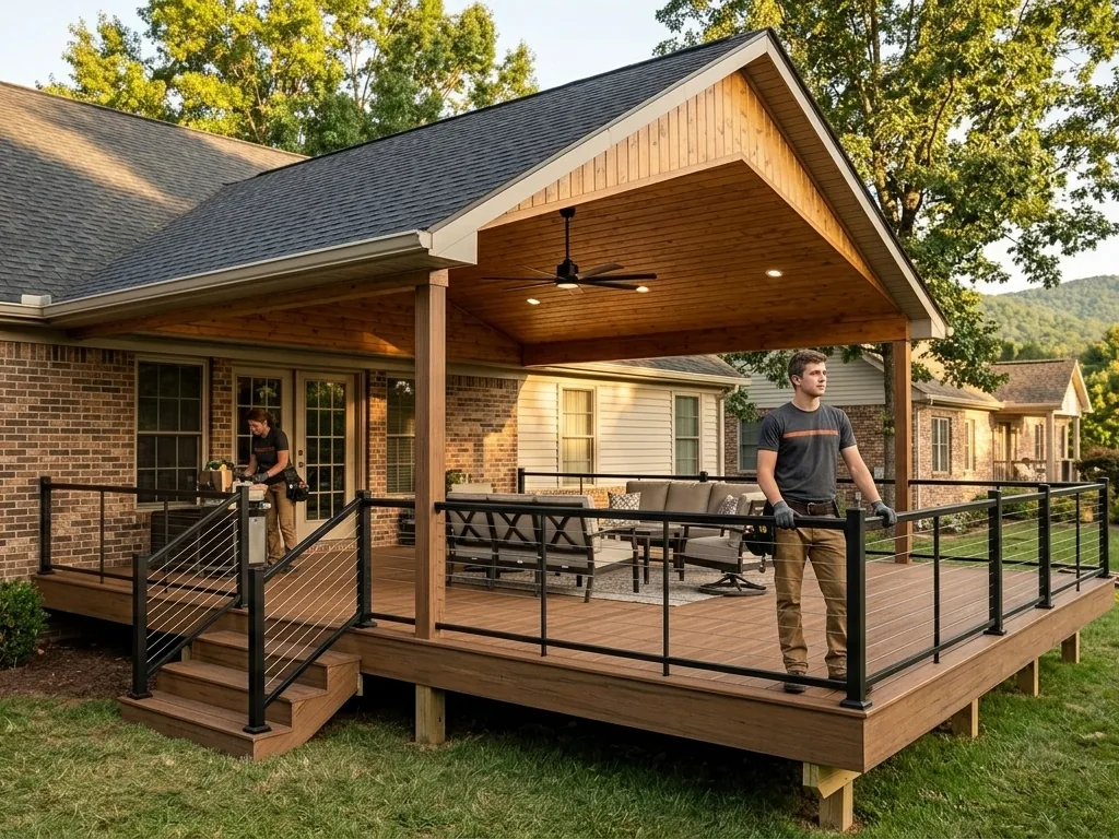 Covered composite deck with a gabled roof and ceiling fan