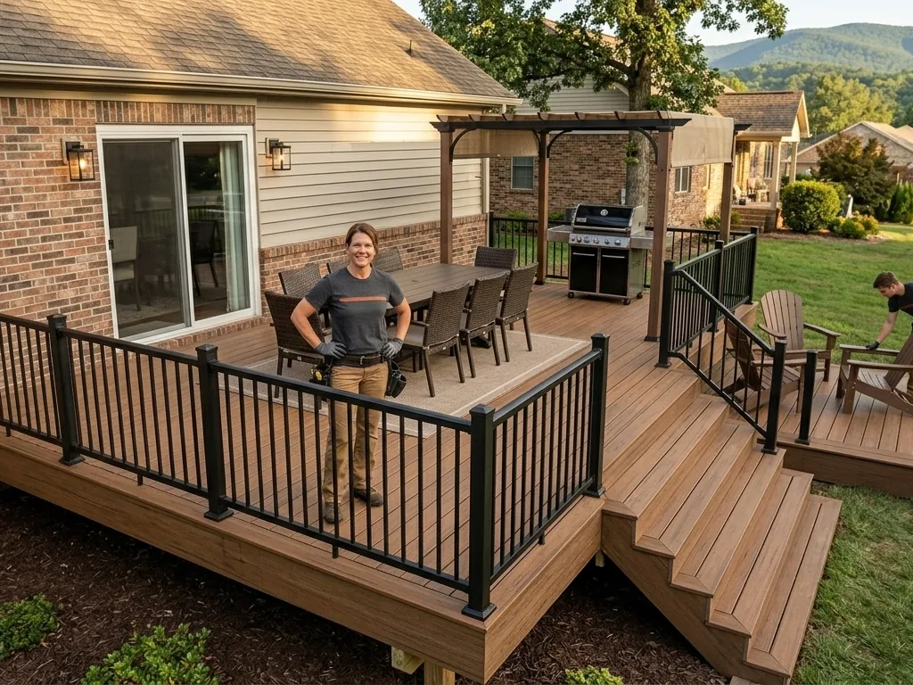 Finished two-level composite deck with black aluminum railing behind a brick home in Knoxville