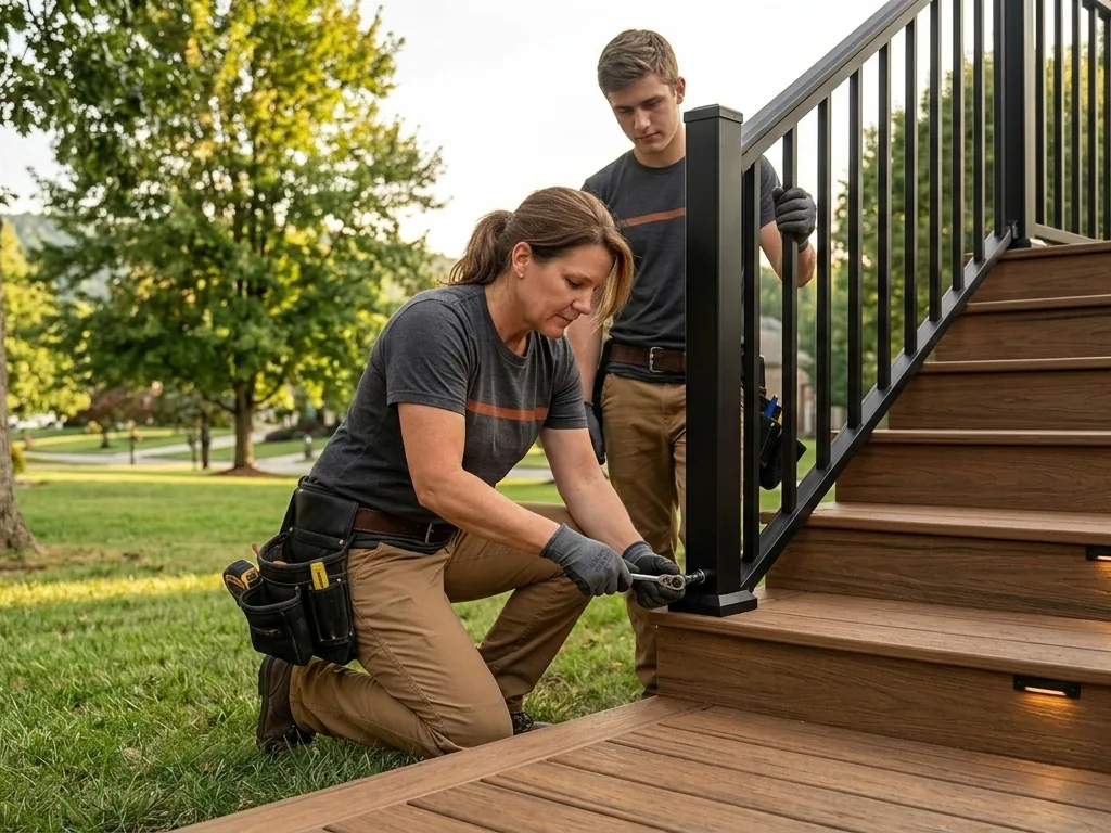 Crew member tightening a black aluminum railing post at the top of composite deck stairs