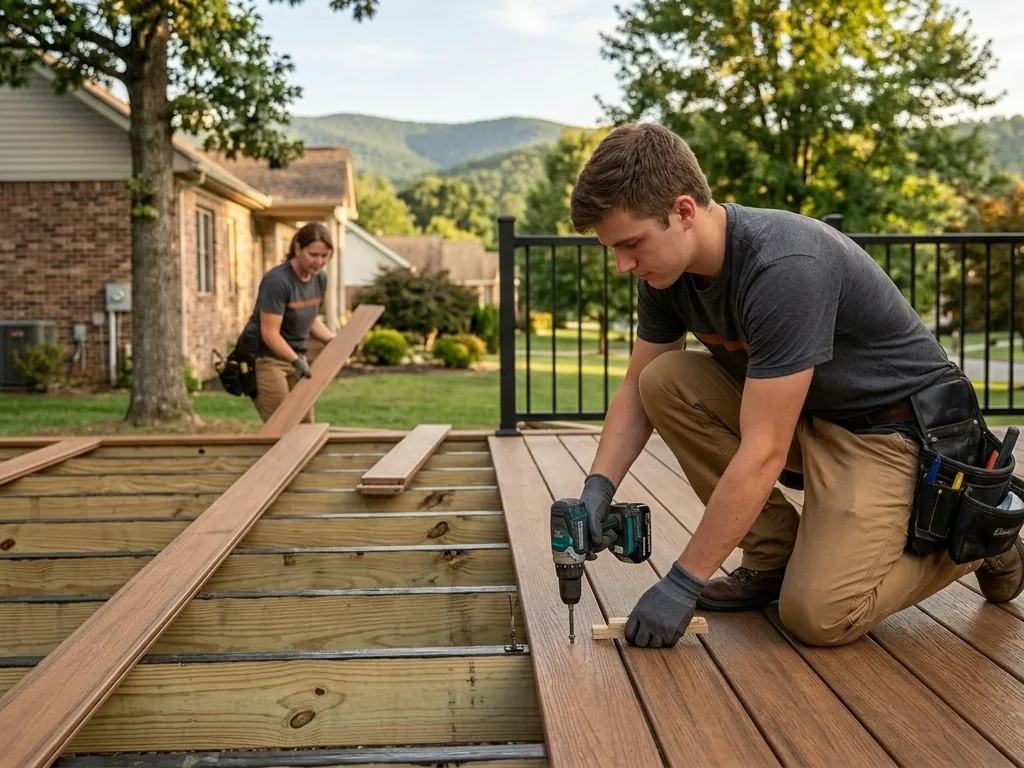 Crew member laying new composite boards over an existing deck frame