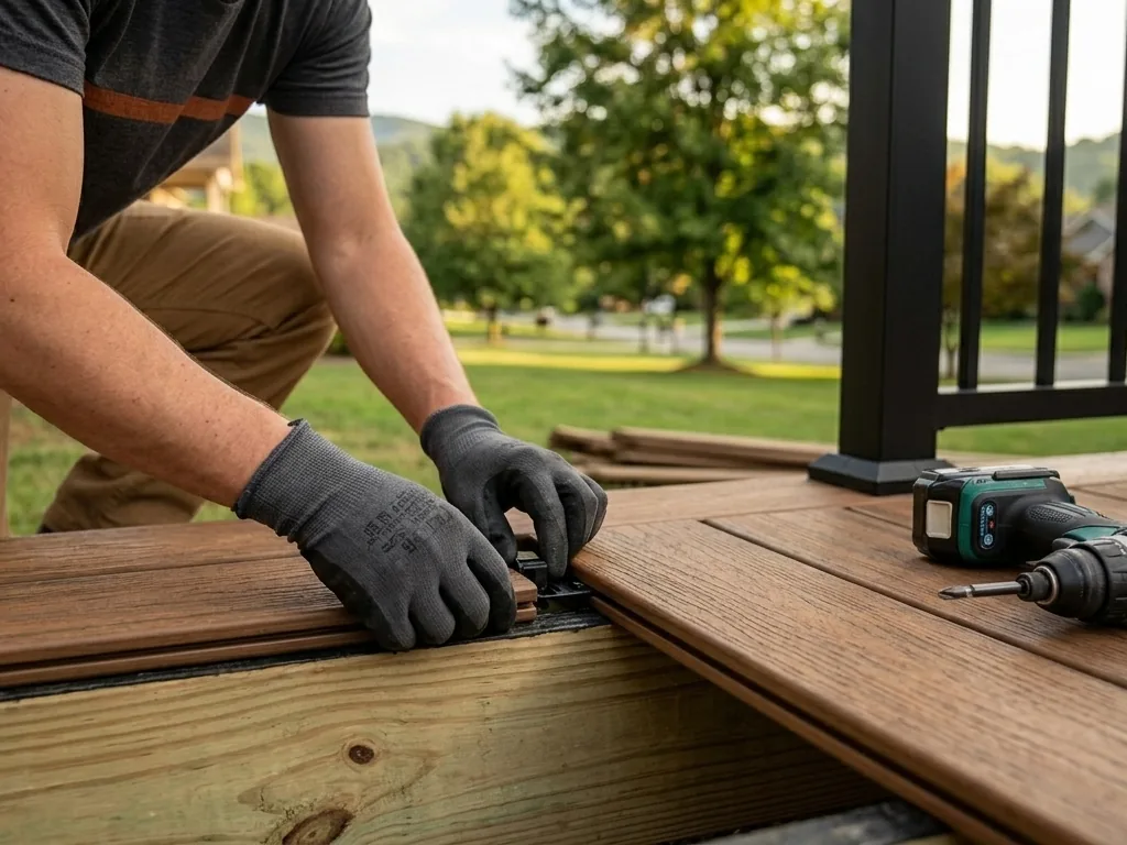 Pressing a hidden fastener clip into the groove of a composite deck board