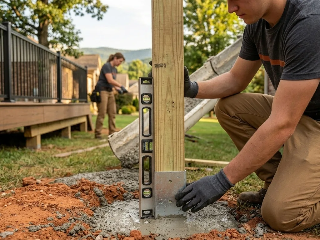 Checking a treated post in a galvanized bracket on a fresh concrete footing with a level
