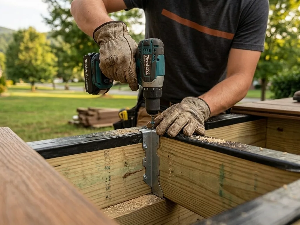 Driving a structural screw through a joist hanger into a pressure-treated joist with black joist tape on top